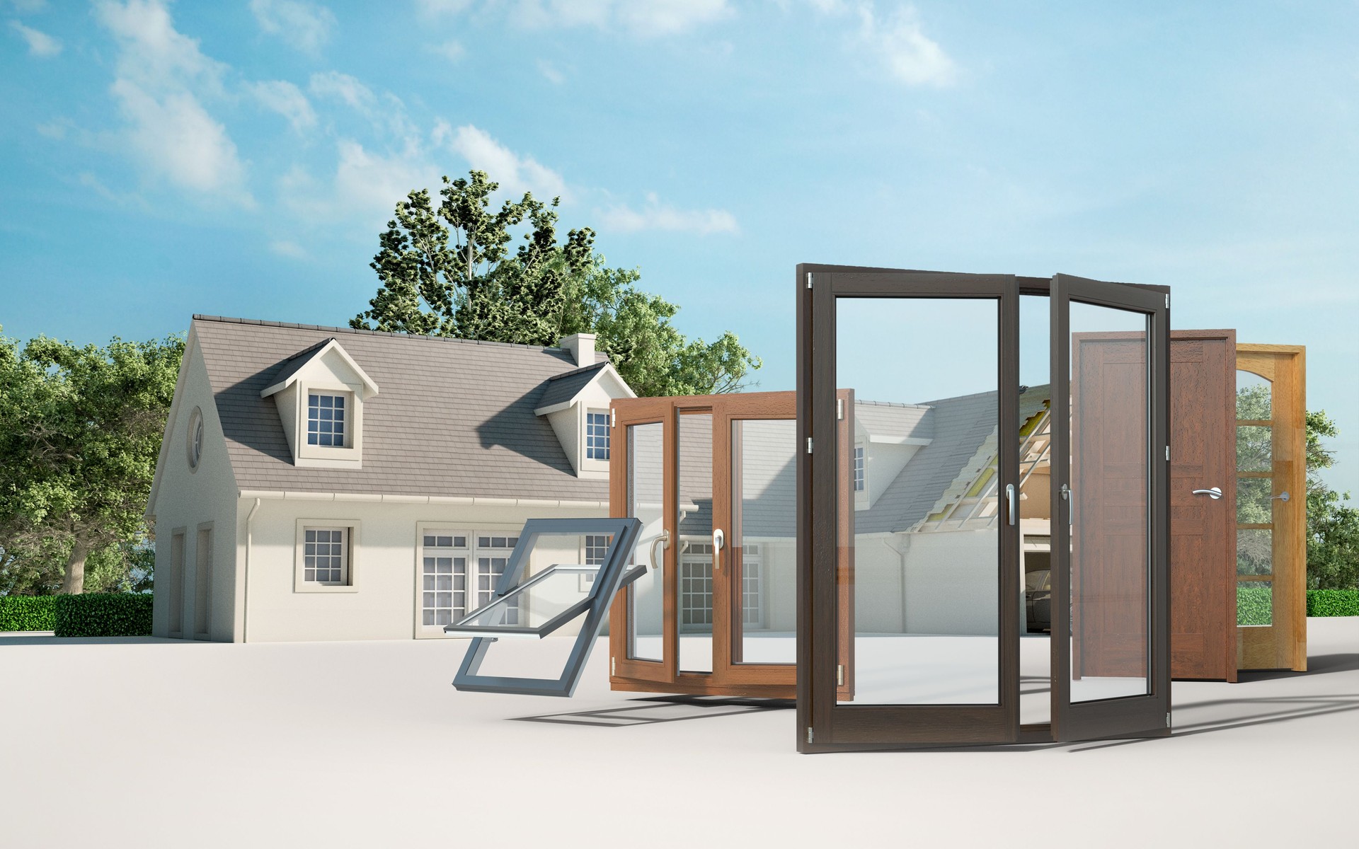 Traditional house under construction with doors and windows selection